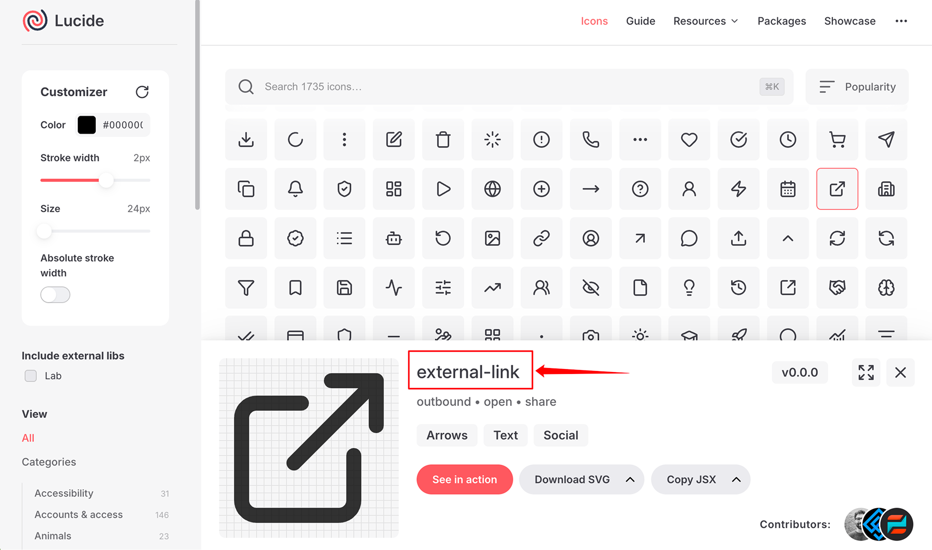 Lucide icon library browser