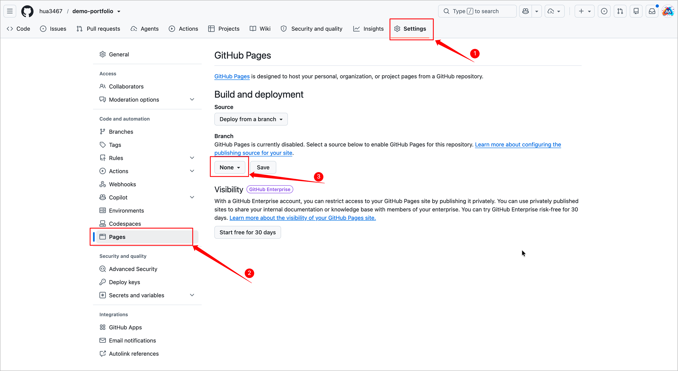 GitHub Pages Step 1 - Find Pages under Settings